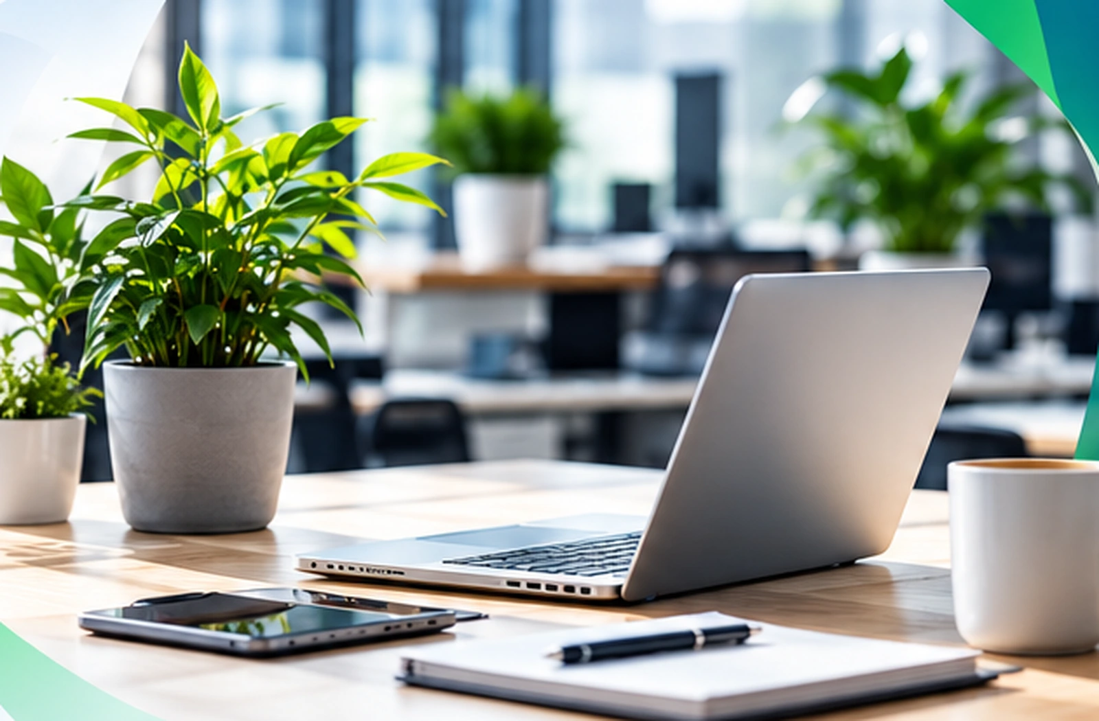 Heller Arbeitsplatz mit Laptop und Pflanzen